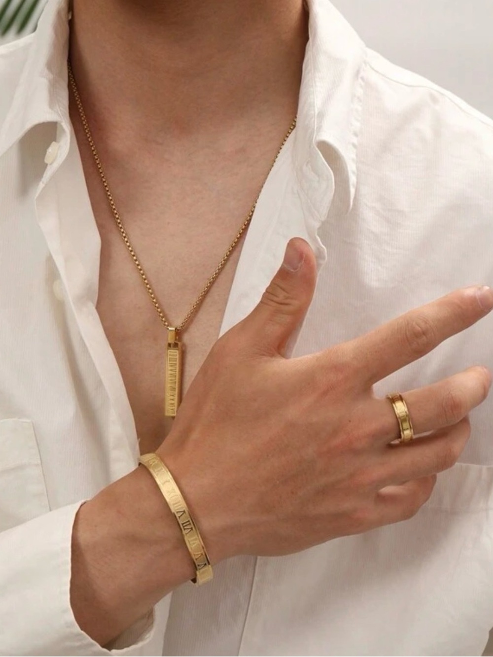 Gold-Tone Men's Necklace & Bracelet Set - Minimal Bar Pendant